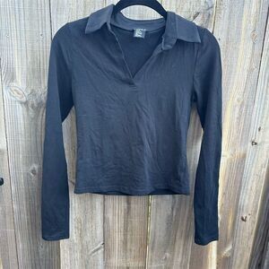 Blenca Women's Black V-Neck Long-Sleeve Collared Blouse Size S